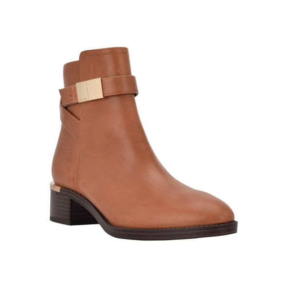 Calvin Klein Dwayne Women's US 7M Bootie Brown Leather Ankle Zip Block Heel NWOB - Picture 1 of 13
